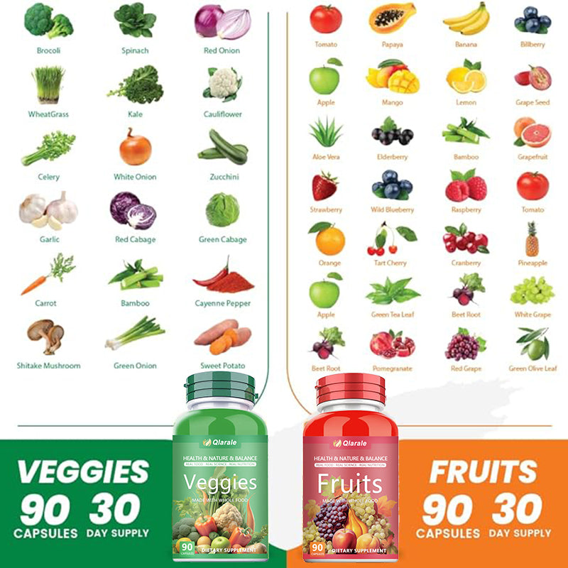 Qlarale Whole Food Fruits & Veggies – Natural Nutrition for Adults & Kids – 90 Capsules (30 Servings) Velora