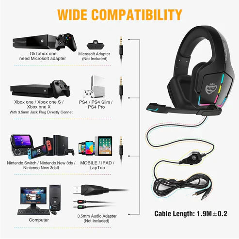 سماعة رأس للألعاب RGB سلكية للكمبيوتر، سماعة رأس PS4
